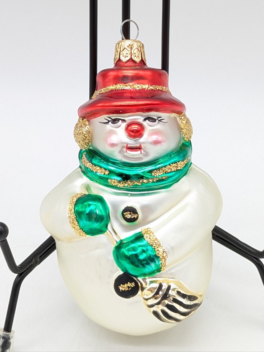Vintage Glass White Red Green Christmas Holiday Snowman Ornament